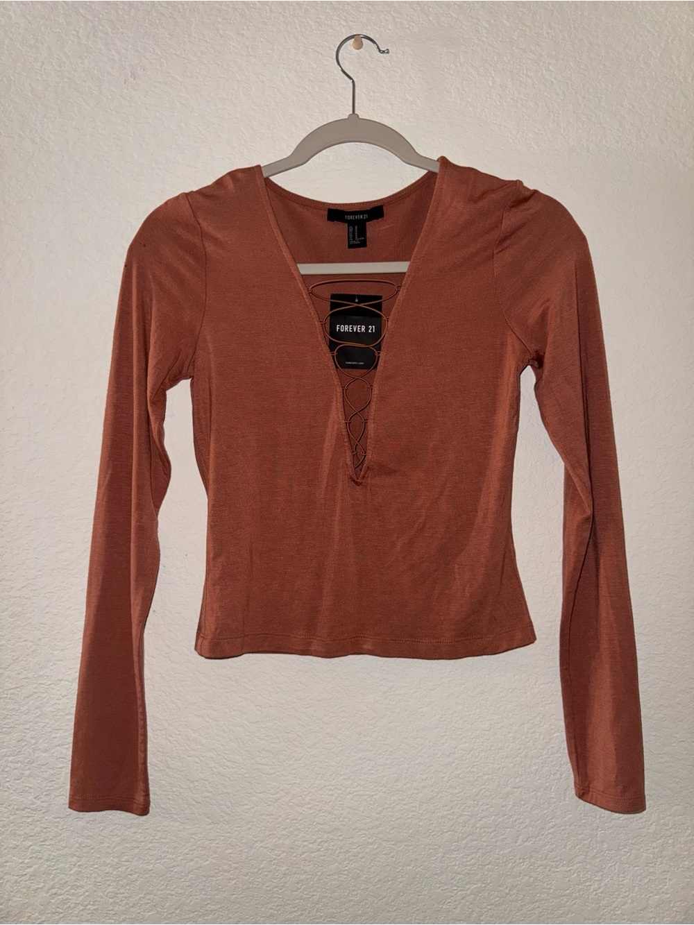 Forever 21 Rust Lace-Up V-Neck Long Sleeve Top